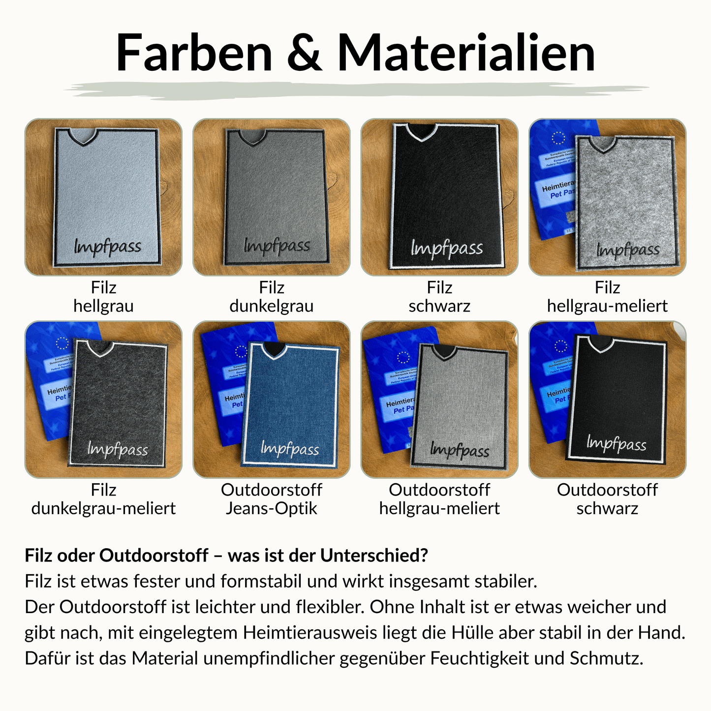 Übersicht über die verschiedenen Farben & Materialien, aus denen wir deine Impfpasshülle mit Hundemotiv fertigen können. Filz in den Farben hellgrau, dunkelgrau, schwarz, hellgrau-meliert, dunkelgrau-meliert und Outdoorstoff in den Farben jeans-Optik, hellgrau-meliert oder schwarz.