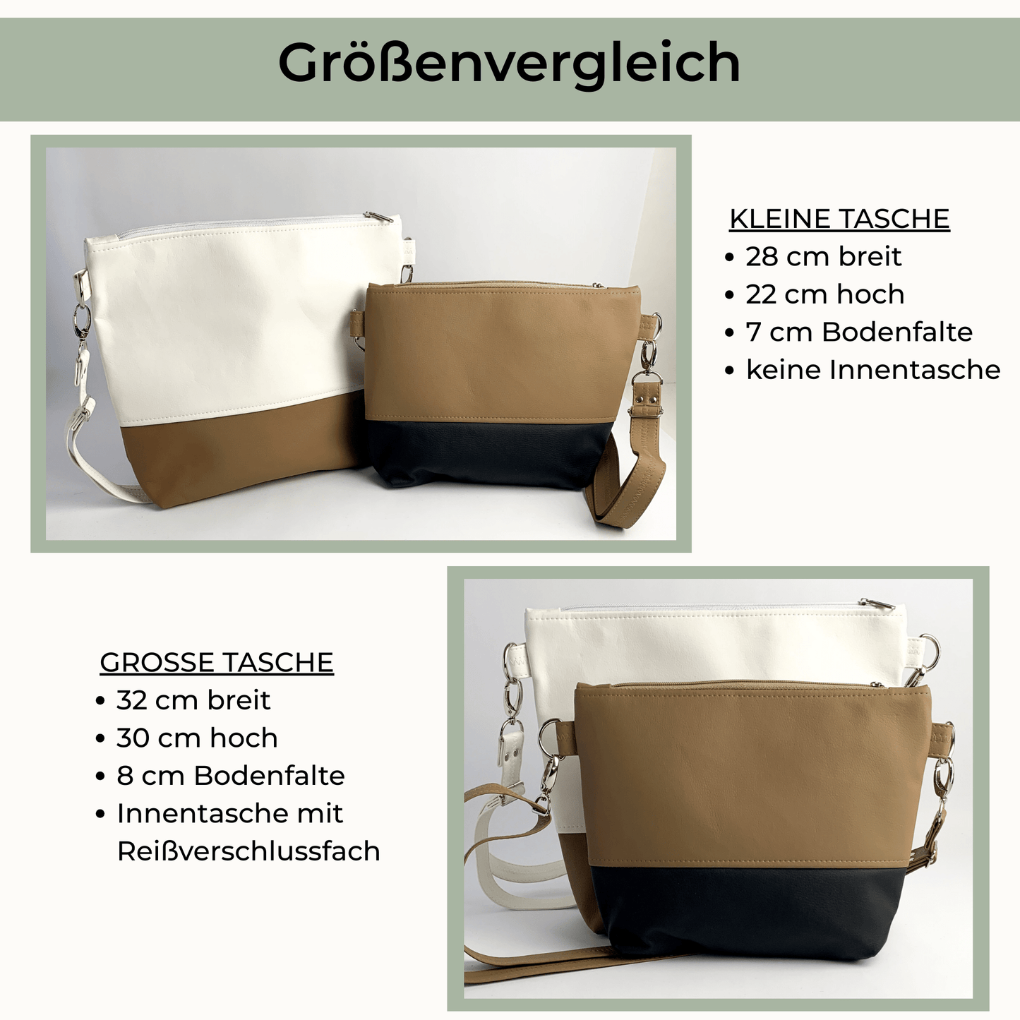 die Taschen können in 2 Größen bestellt werden - hier sieht man den Größenvergleich auf dem Bild und die Größenbeschreibung in der Grafik