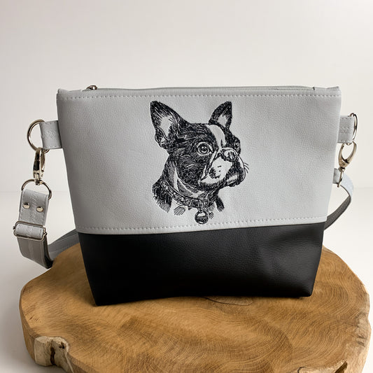 Boston Terrier Umhängetasche mit Hundemotiv aus Kunstleder, bestickt