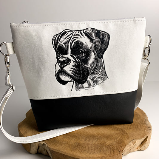 Boxer Umhängetasche mit Hundemotiv aus Kunstleder, bestickt