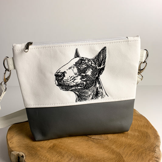 Bullterrier Umhängetasche mit Hundemotiv aus Kunstleder, bestickt