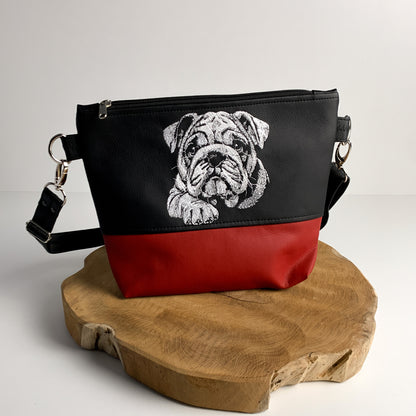 Englische Bulldogge Umhängetasche mit Hundemotiv aus Kunstleder, bestickt