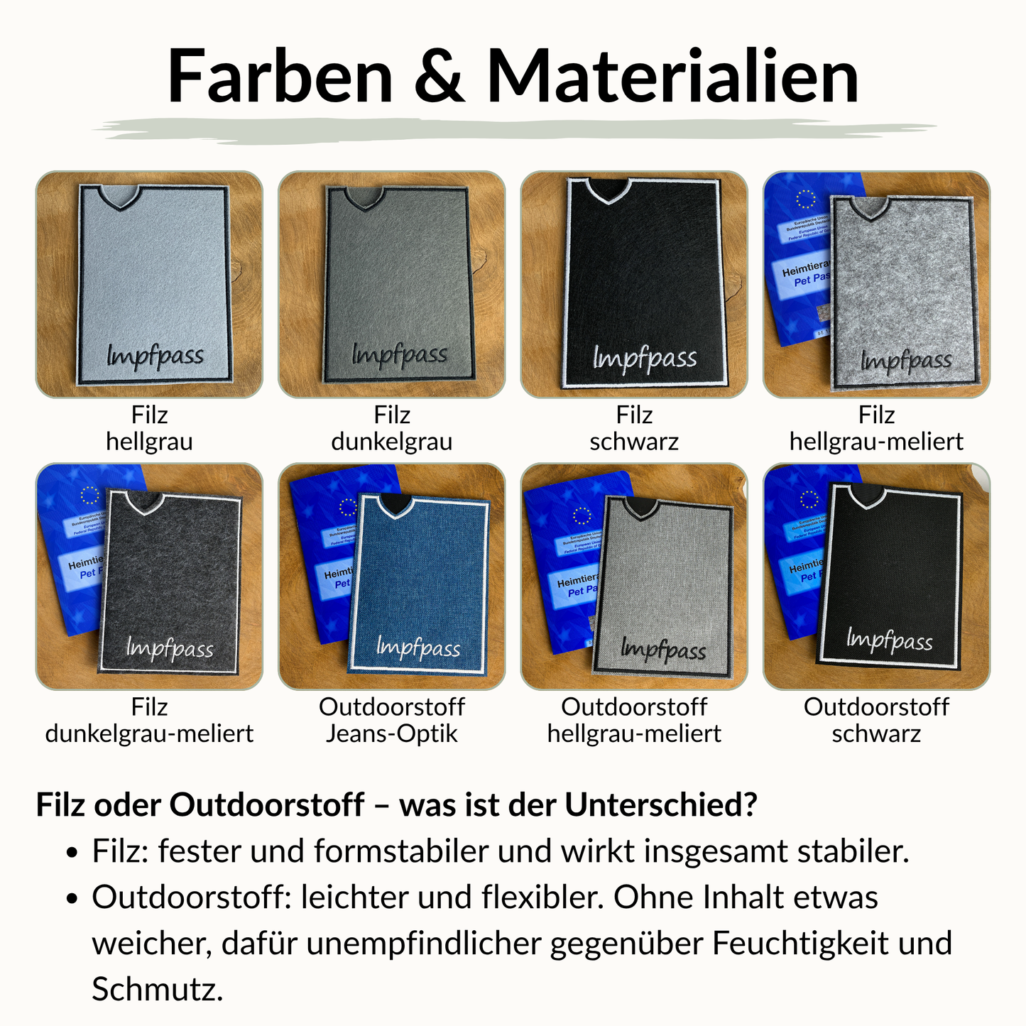 Übersicht über die verschiedenen Farben & Materialien, aus denen wir deine Impfpasshülle mit Hundemotiv fertigen können. Filz in den Farben hellgrau, dunkelgrau, schwarz, hellgrau-meliert, dunkelgrau-meliert und Outdoorstoff in den Farben jeans-Optik, hellgrau-meliert oder schwarz.