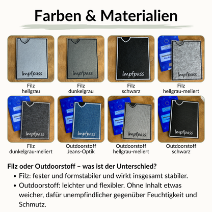 Übersicht über die verschiedenen Farben & Materialien, aus denen wir deine Impfpasshülle mit Hundemotiv fertigen können. Filz in den Farben hellgrau, dunkelgrau, schwarz, hellgrau-meliert, dunkelgrau-meliert und Outdoorstoff in den Farben jeans-Optik, hellgrau-meliert oder schwarz.