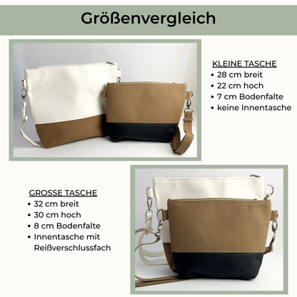 die Taschen können in 2 Größen bestellt werden - hier sieht man den Größenvergleich auf dem Bild und die Größenbeschreibung in der Grafik