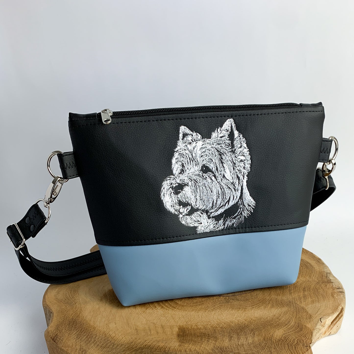 West Highland White Terrier Umhängetasche aus Kunstleder, zweifarbig, handgefertigt und bestickt