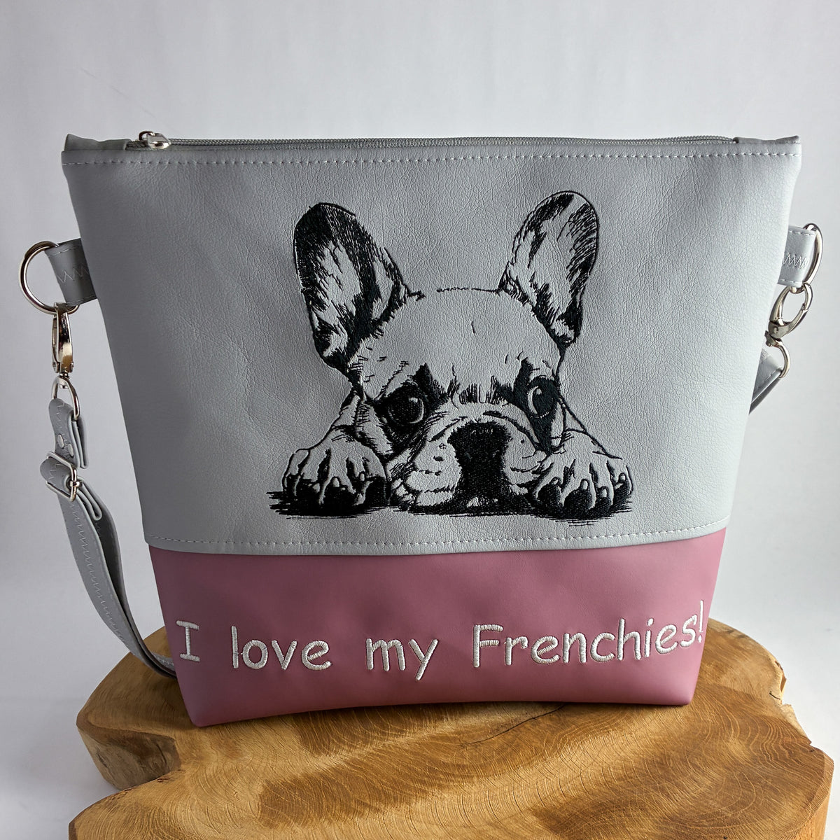 Tasche personalisiert mit eigenem Text, französische Bulldogge, gestickt, handgefertigt, Umhängetasche mit Hundemotiv und verstellbarem Schultergurt