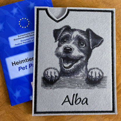 Heimtierausweis Hülle aus Filz, hellgrau mit Jack Russell-Motiv und Name